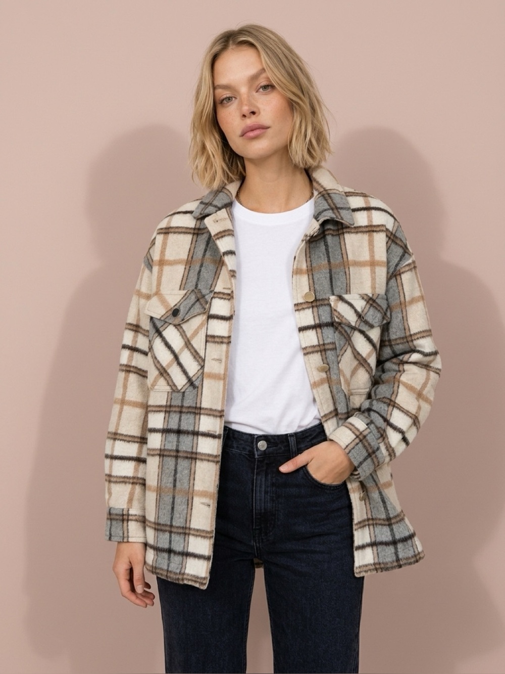 Zara Plaid Utility Shacket in Cream, Brown & Gray